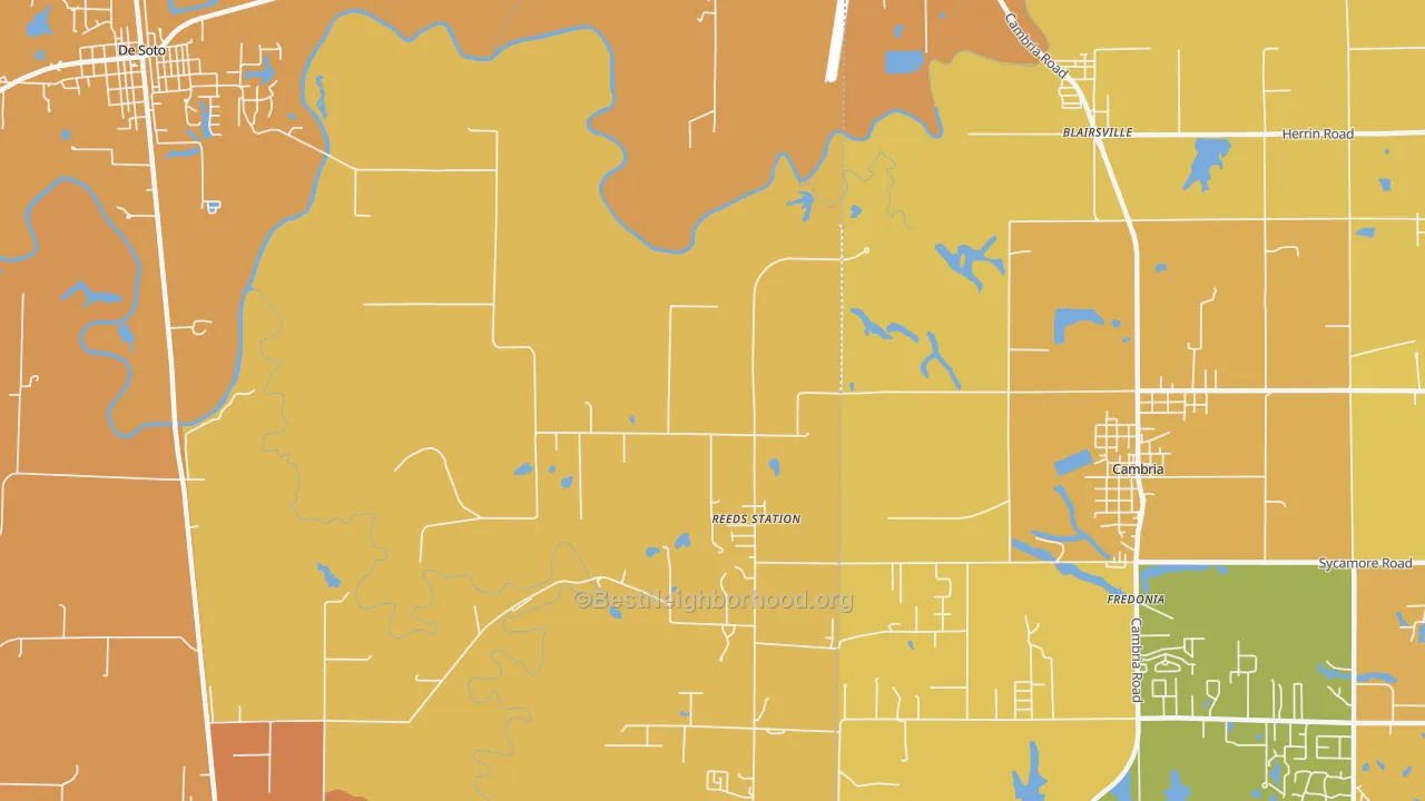 Map of the best neighborhoods in the Reeds Station area, with better matches in green and worse matches in red
