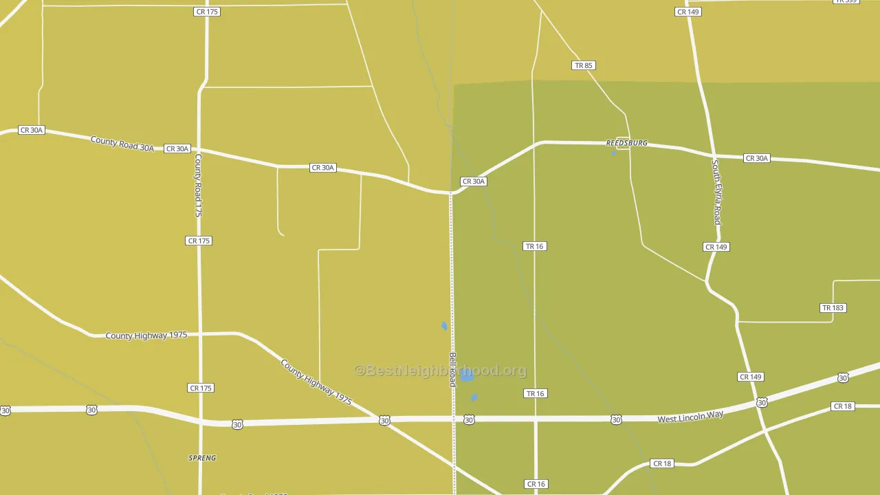 Map of the best neighborhoods in the Reedsburg area, with better matches in green and worse matches in red