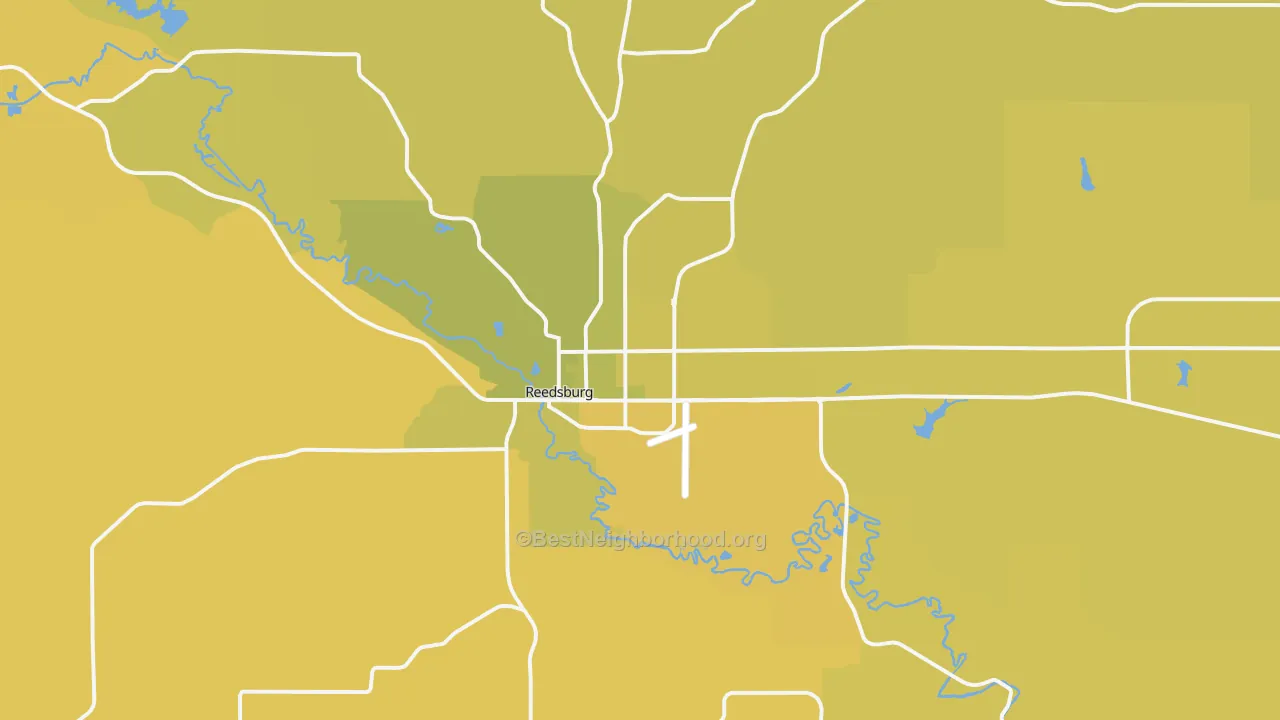 Map of the best neighborhoods in the Reedsburg area, with better matches in green and worse matches in red