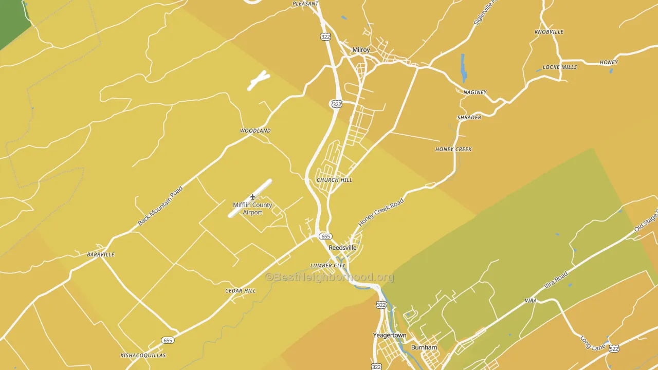 Map of the best neighborhoods in the Reedsville area, with better matches in green and worse matches in red