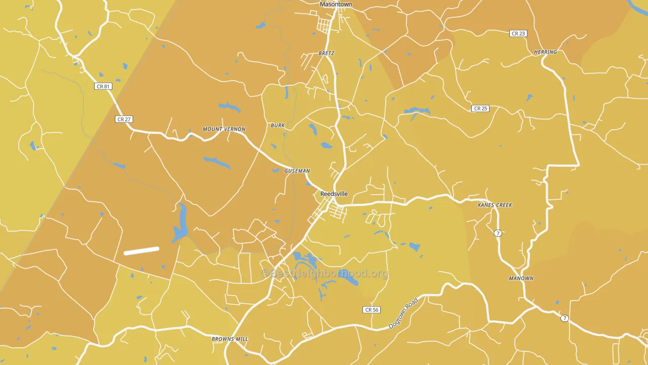 Map of the best neighborhoods in the Reedsville area, with better matches in green and worse matches in red