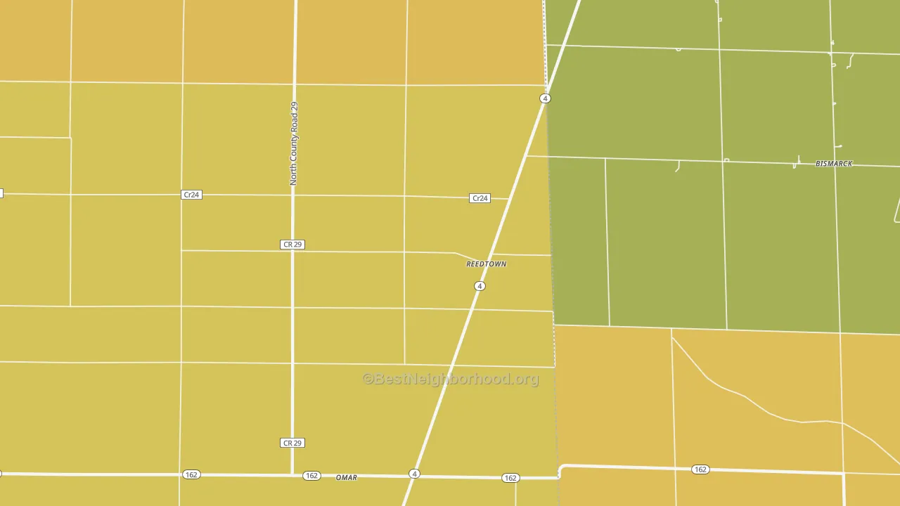 Map of the best neighborhoods in the Reedtown area, with better matches in green and worse matches in red