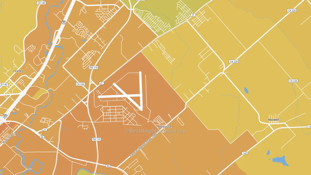Map of the best neighborhoods in the Reedville area, with better matches in green and worse matches in red