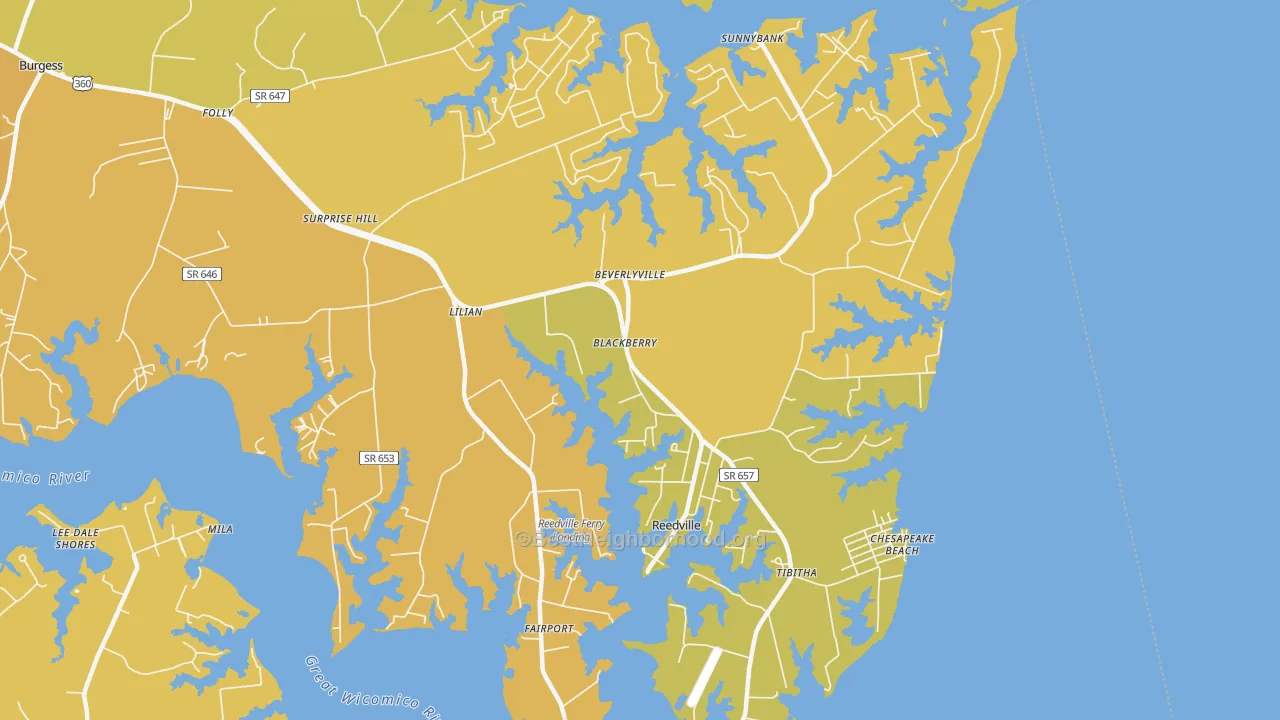 Map of the best neighborhoods in the Reedville area, with better matches in green and worse matches in red