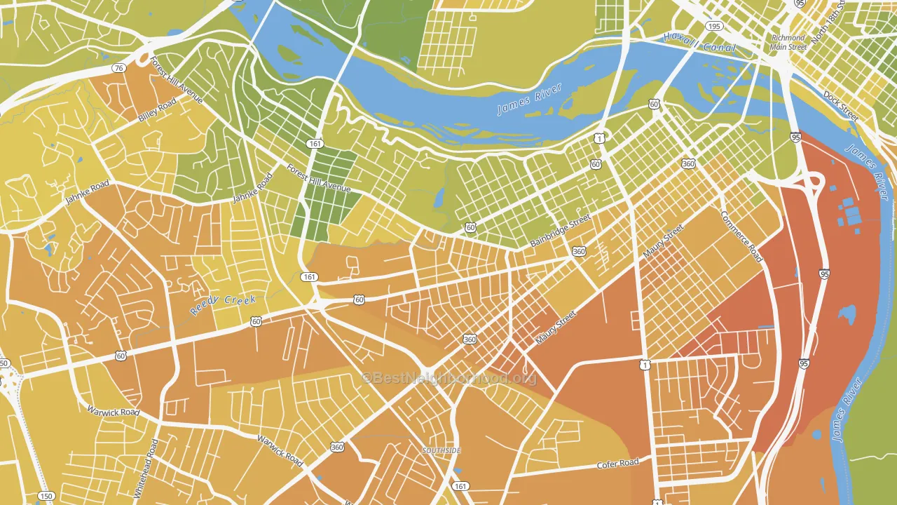 Map of the best neighborhoods in the Reedy Creek, Richmond area, with better matches in green and worse matches in red