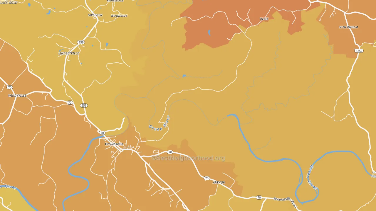 Map of the best neighborhoods in the Reedyville area, with better matches in green and worse matches in red