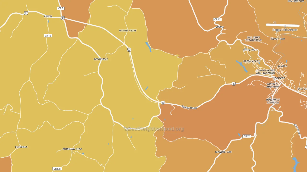 Map of the best neighborhoods in the Reedyville area, with better matches in green and worse matches in red