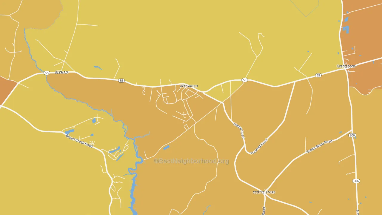Map of the best neighborhoods in the Reelsboro area, with better matches in green and worse matches in red