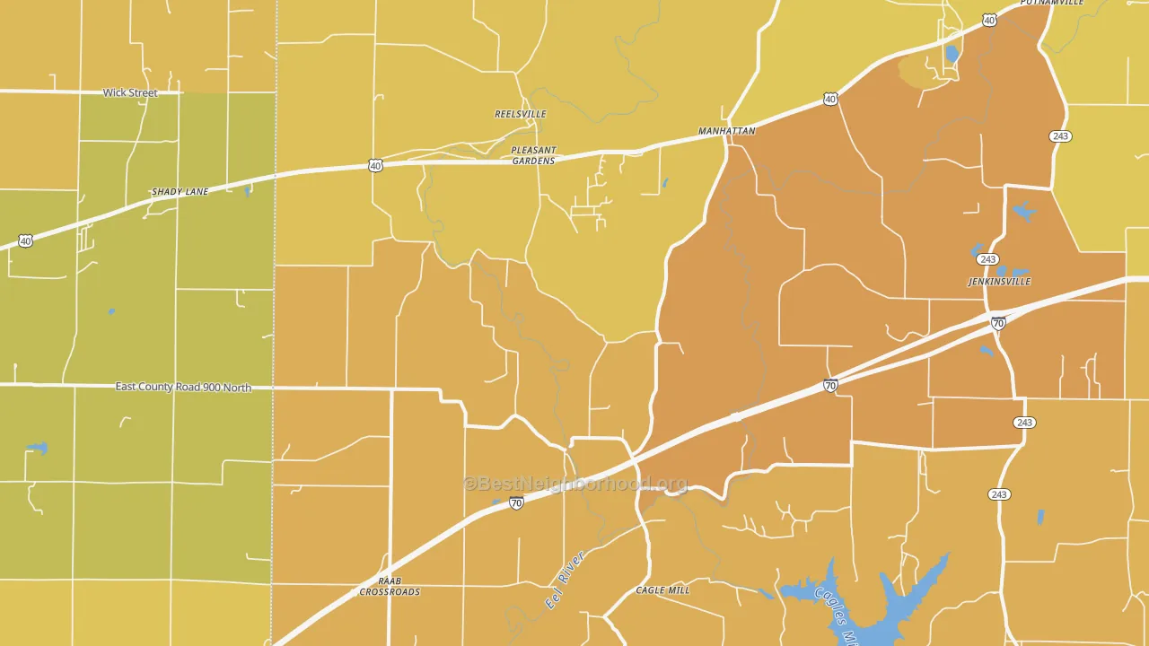 Map of the best neighborhoods in the Reelsville area, with better matches in green and worse matches in red