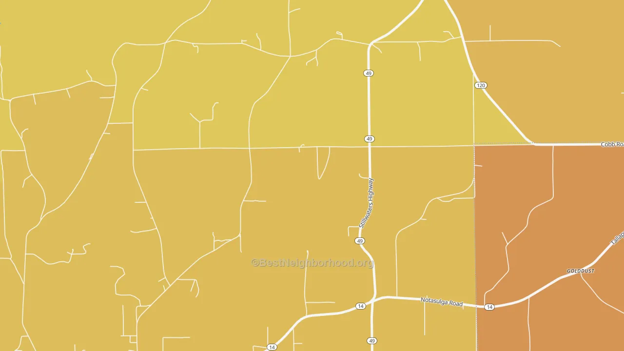 Map of the best neighborhoods in the Reeltown area, with better matches in green and worse matches in red