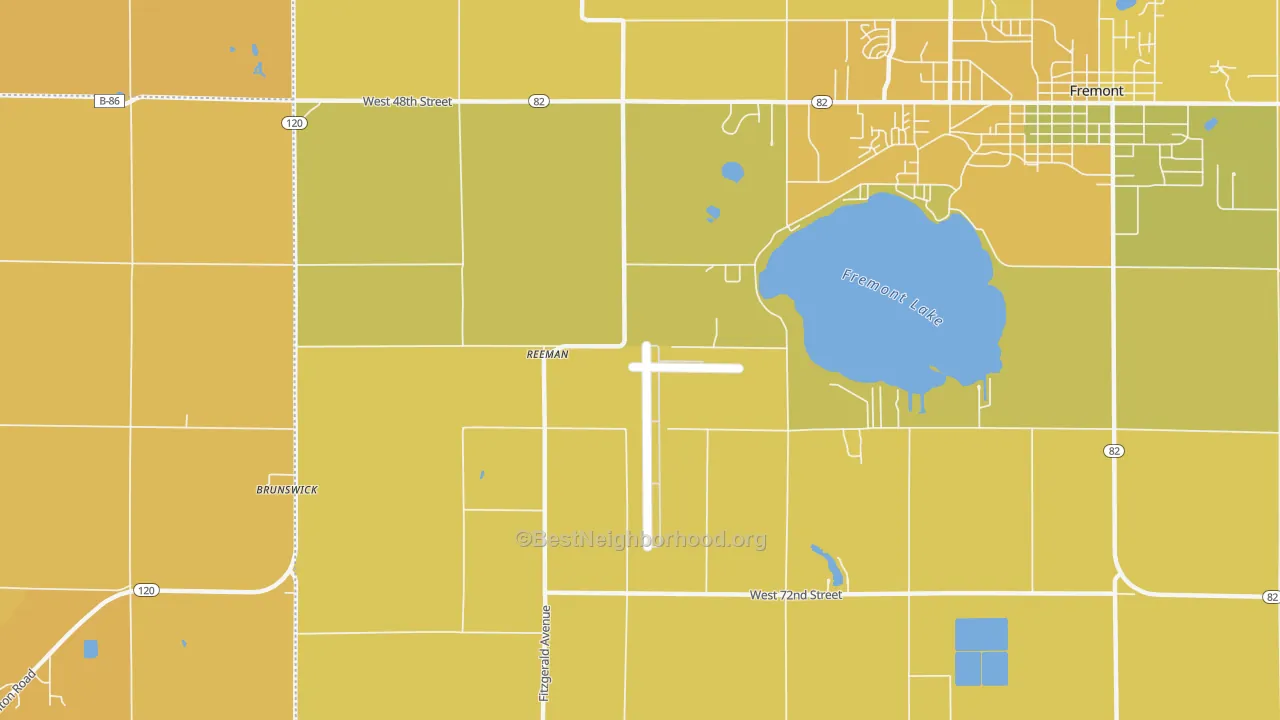 Map of the best neighborhoods in the Reeman area, with better matches in green and worse matches in red