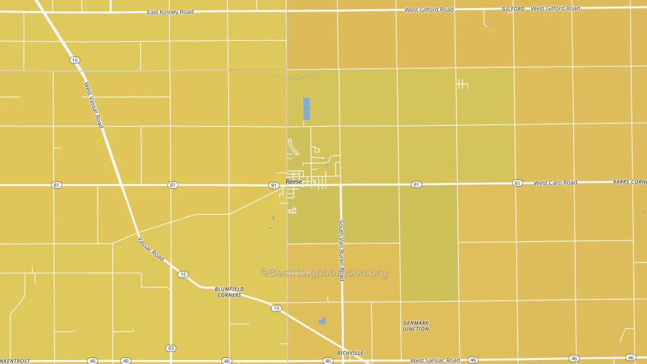 Map of the best neighborhoods in the Reese area, with better matches in green and worse matches in red