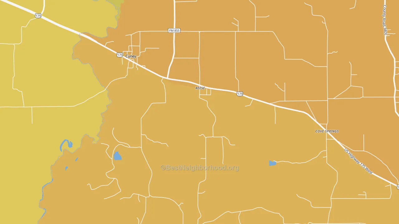 Map of the best neighborhoods in the Reese area, with better matches in green and worse matches in red
