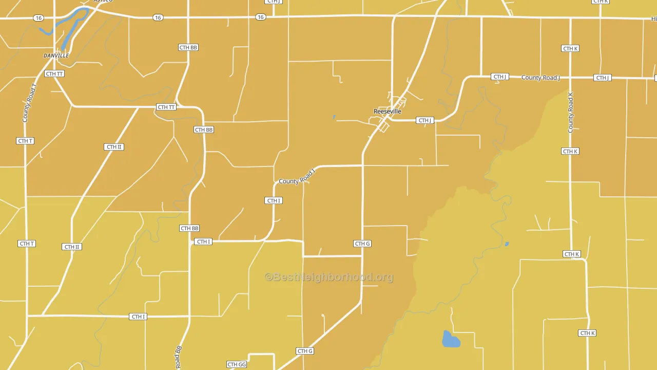 Map of the best neighborhoods in the Reeseville area, with better matches in green and worse matches in red