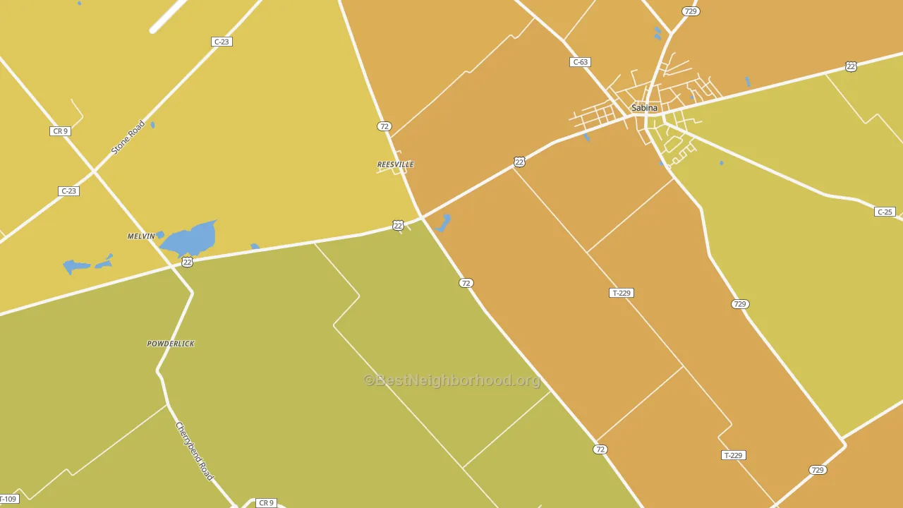 Map of the best neighborhoods in the Reesville area, with better matches in green and worse matches in red