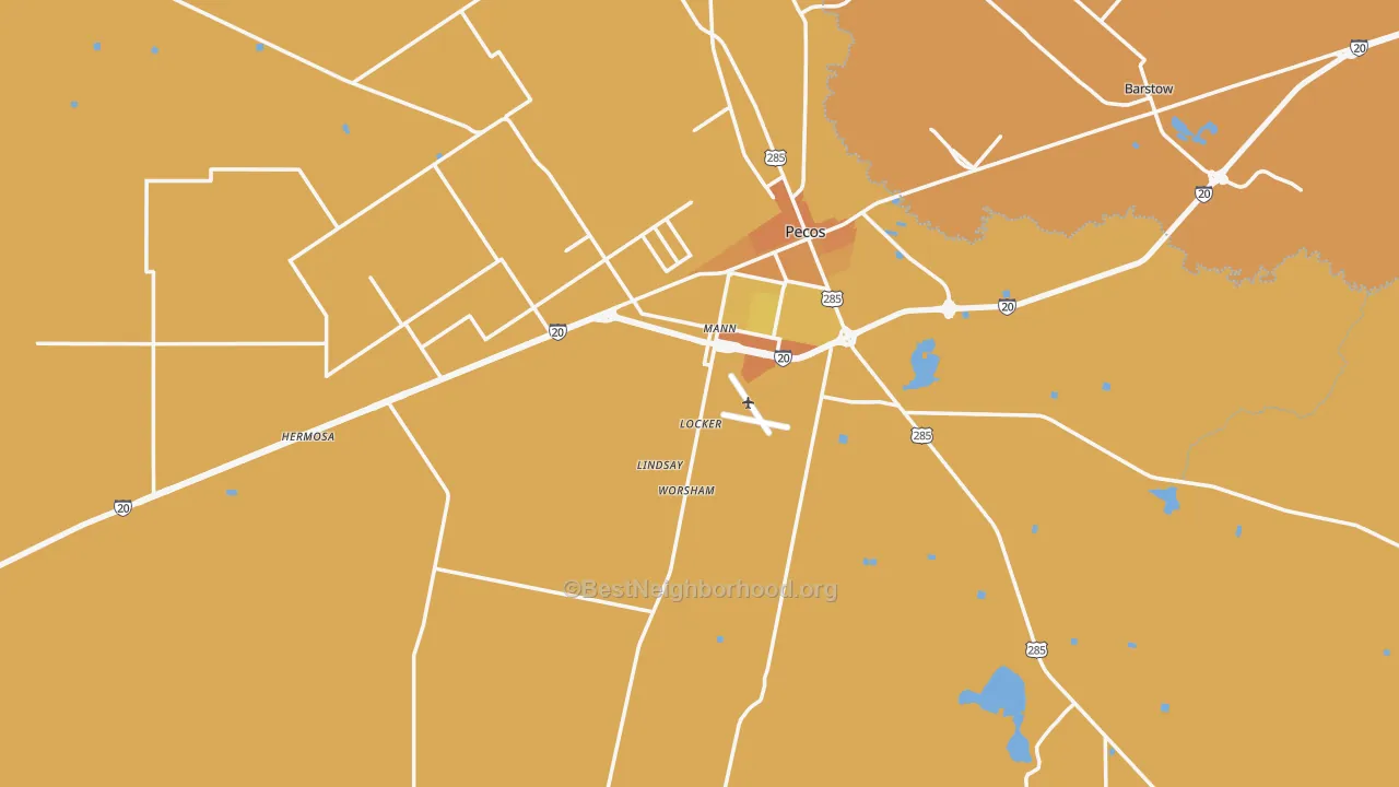 Map of the best neighborhoods in the Reeves County area, with better matches in green and worse matches in red