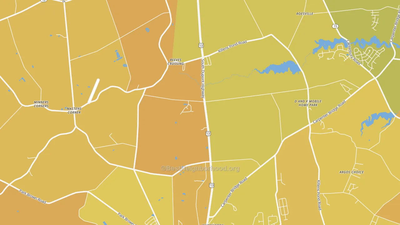 Map of the best neighborhoods in the Reeves Crossing area, with better matches in green and worse matches in red