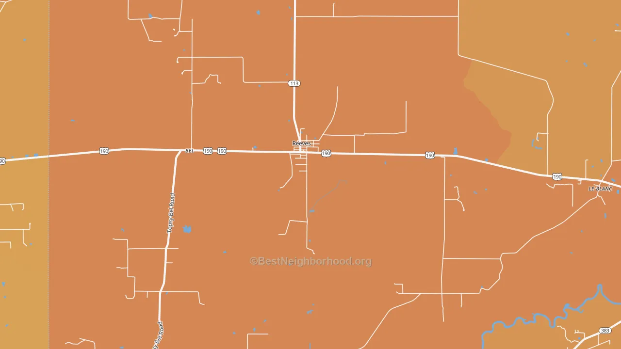 Map of the best neighborhoods in the Reeves area, with better matches in green and worse matches in red