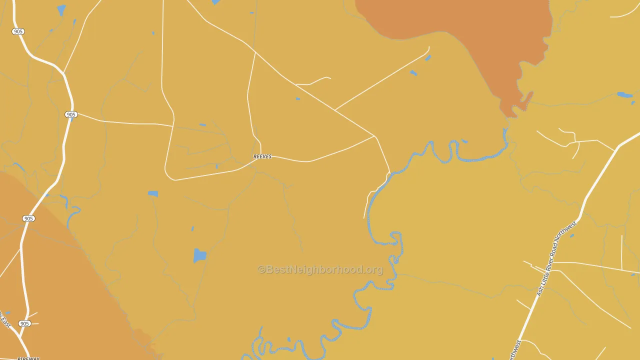 Map of the best neighborhoods in the Reeves area, with better matches in green and worse matches in red