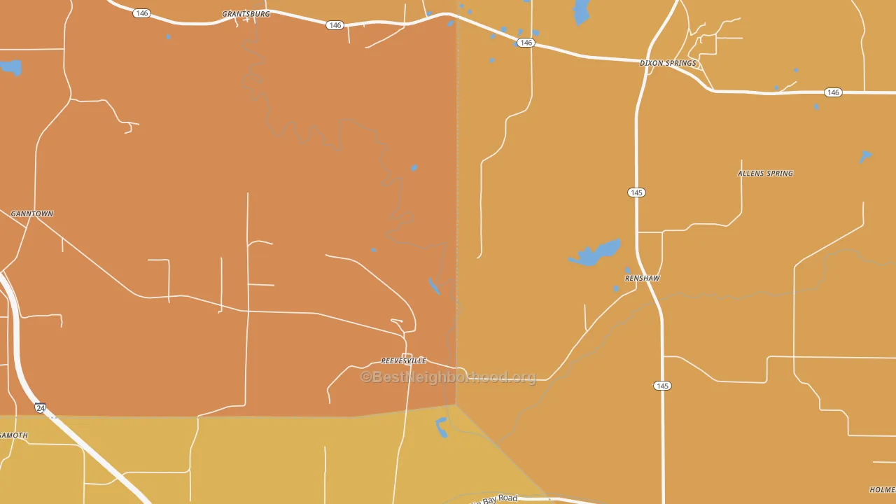 Map of the best neighborhoods in the Reevesville area, with better matches in green and worse matches in red