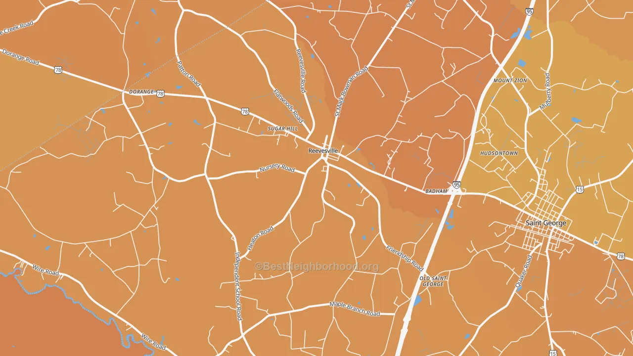 Map of the best neighborhoods in the Reevesville area, with better matches in green and worse matches in red