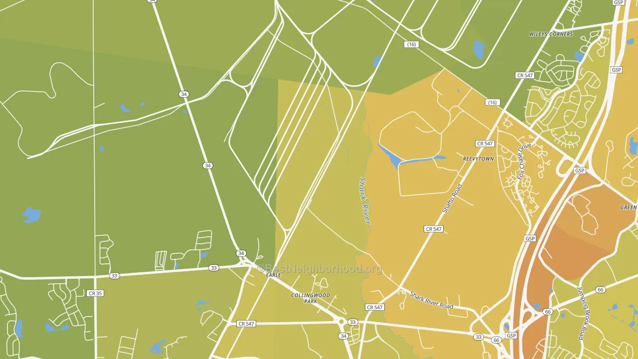 Map of the best neighborhoods in the Reevytown area, with better matches in green and worse matches in red