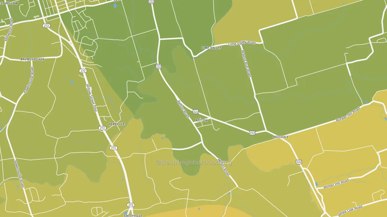 Map of the best neighborhoods in the Refton area, with better matches in green and worse matches in red