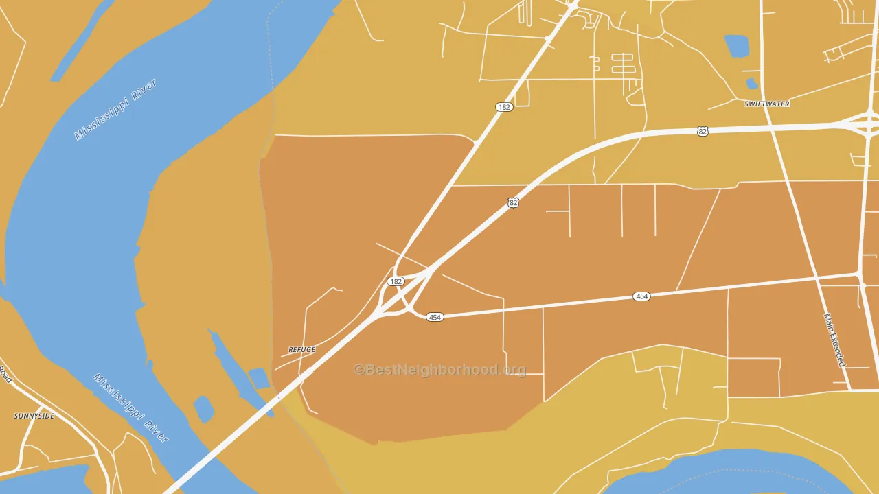 Map of the best neighborhoods in the Refuge area, with better matches in green and worse matches in red