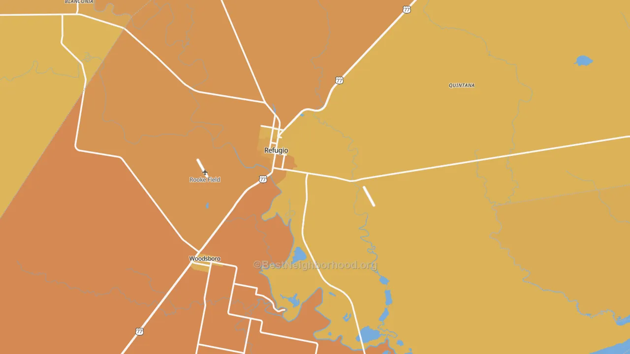 Map of the best neighborhoods in the Refugio County area, with better matches in green and worse matches in red