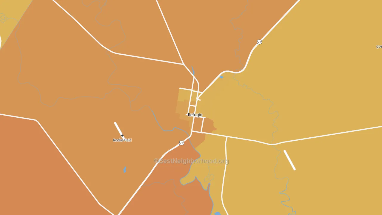 Map of the best neighborhoods in the Refugio area, with better matches in green and worse matches in red