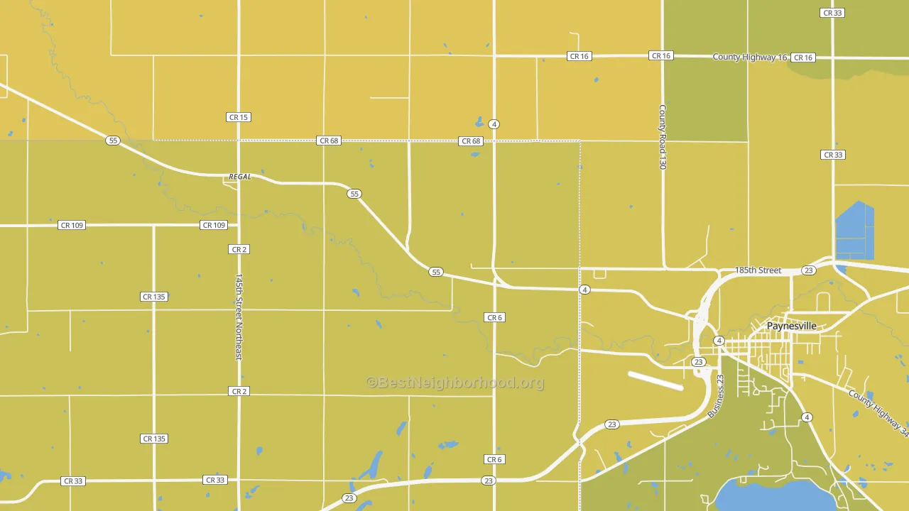 Map of the best neighborhoods in the Regal area, with better matches in green and worse matches in red