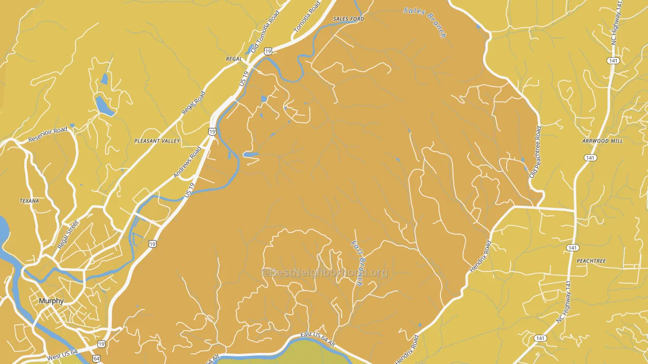 Map of the best neighborhoods in the Regal area, with better matches in green and worse matches in red