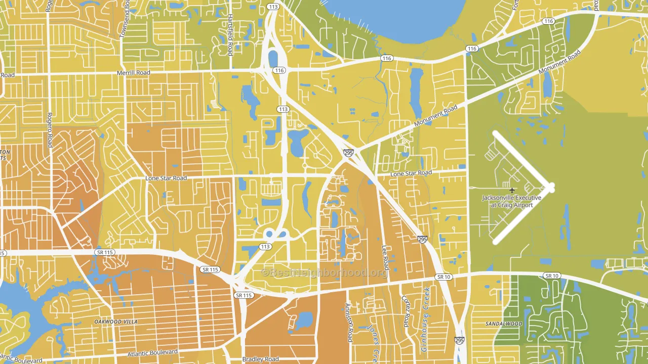 Map of the best neighborhoods in the Regency, Jacksonville area, with better matches in green and worse matches in red