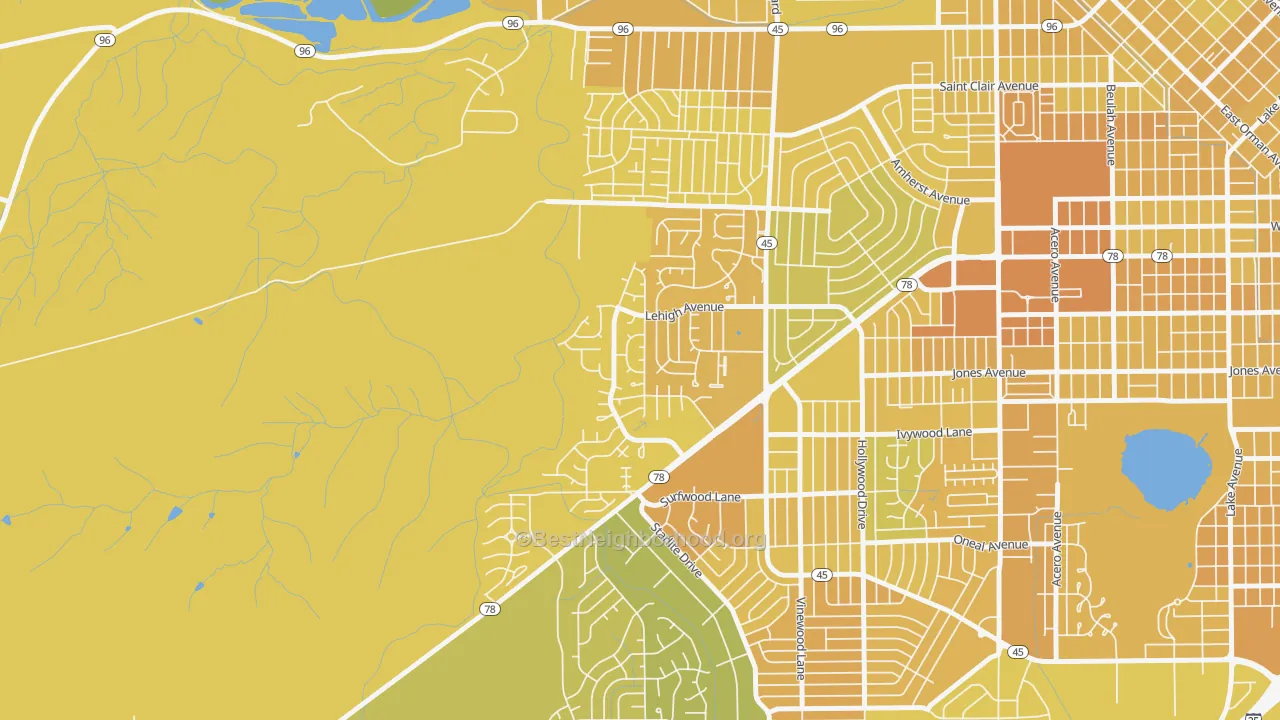 Map of the best neighborhoods in the Regency, Pueblo area, with better matches in green and worse matches in red