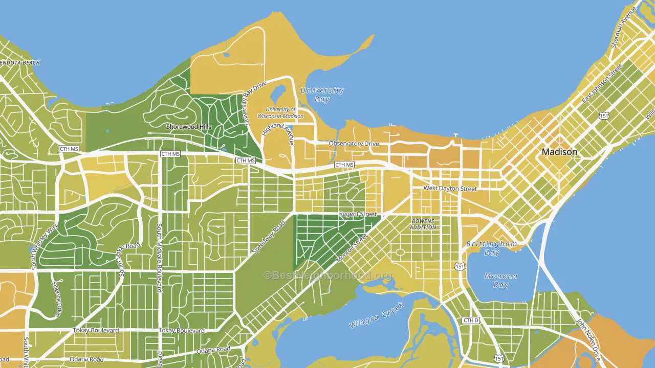 Map of the best neighborhoods in the Regent, Madison area, with better matches in green and worse matches in red