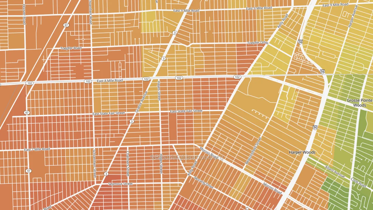 Map of the best neighborhoods in the Regent Park, Detroit area, with better matches in green and worse matches in red
