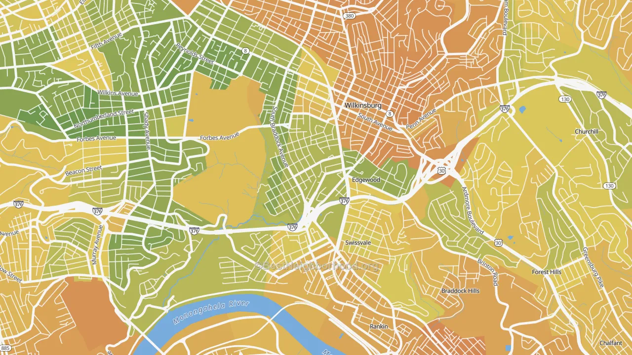 Map of the best neighborhoods in the Regent Square, Pittsburgh area, with better matches in green and worse matches in red