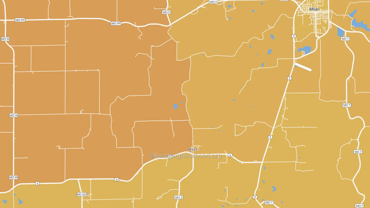 Map of the best neighborhoods in the Reger area, with better matches in green and worse matches in red