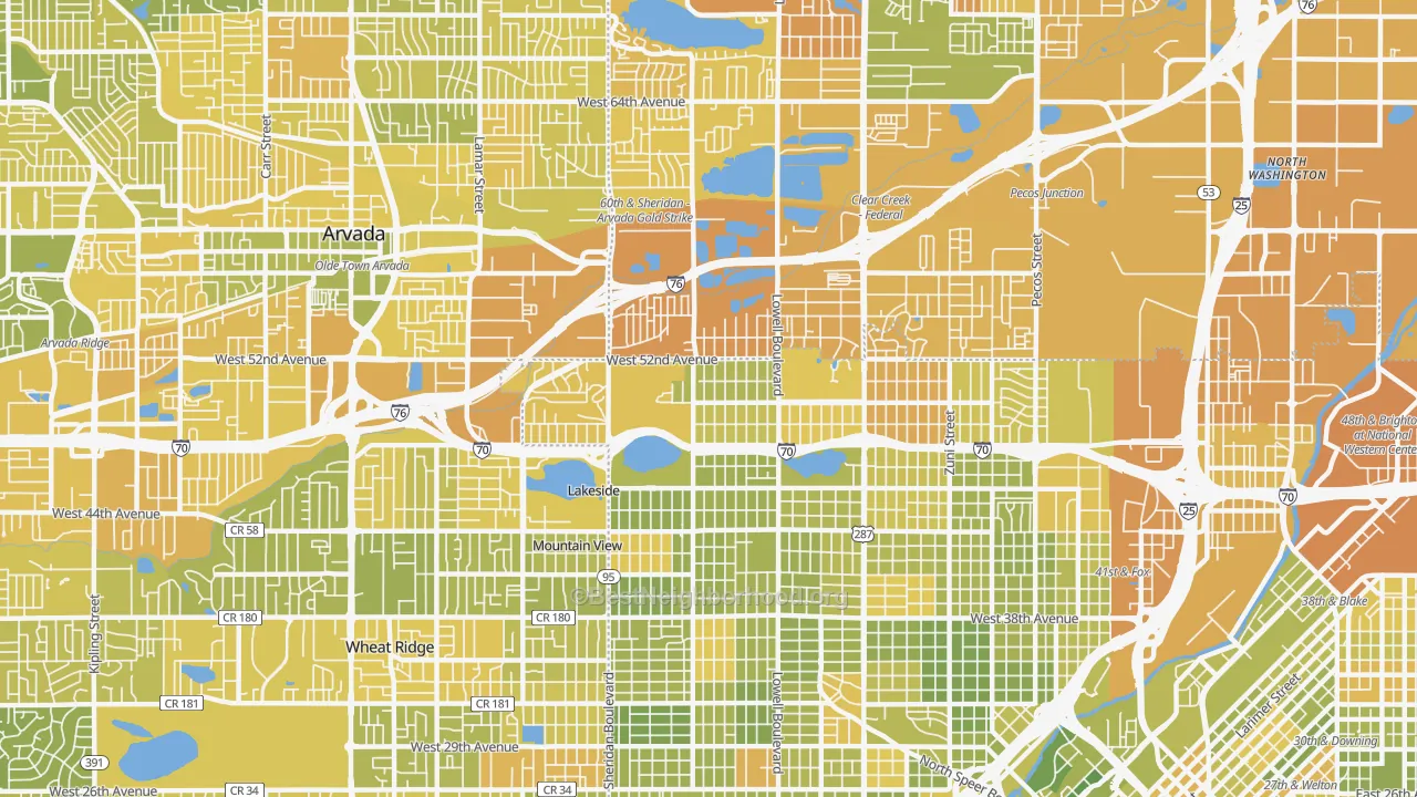 Map of the best neighborhoods in the Regis, Denver area, with better matches in green and worse matches in red