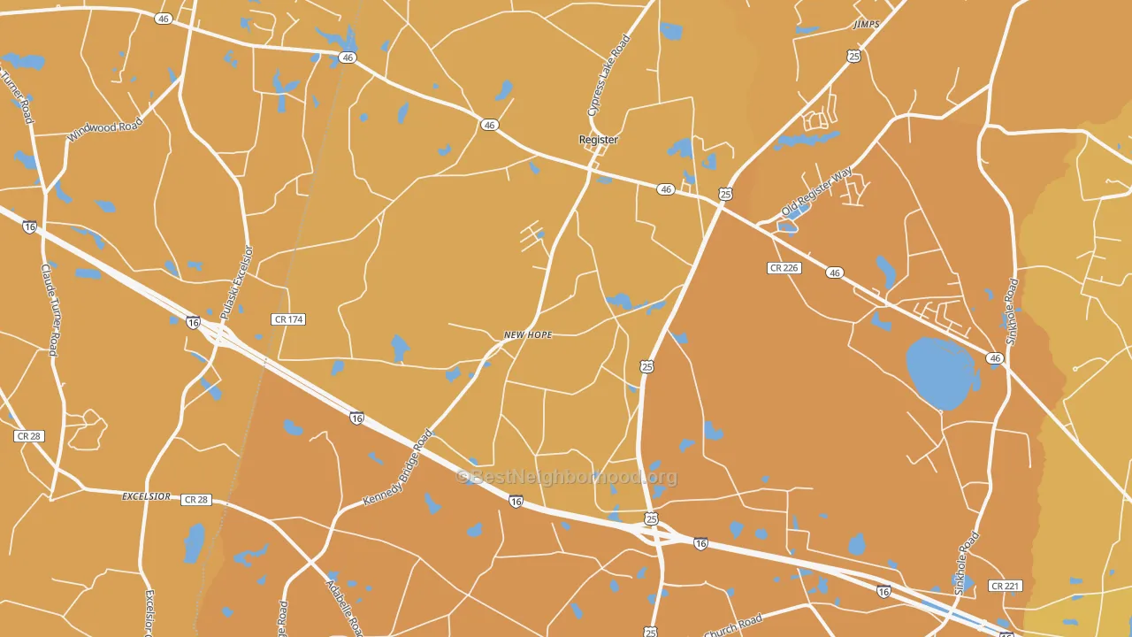 Map of the best neighborhoods in the Register area, with better matches in green and worse matches in red