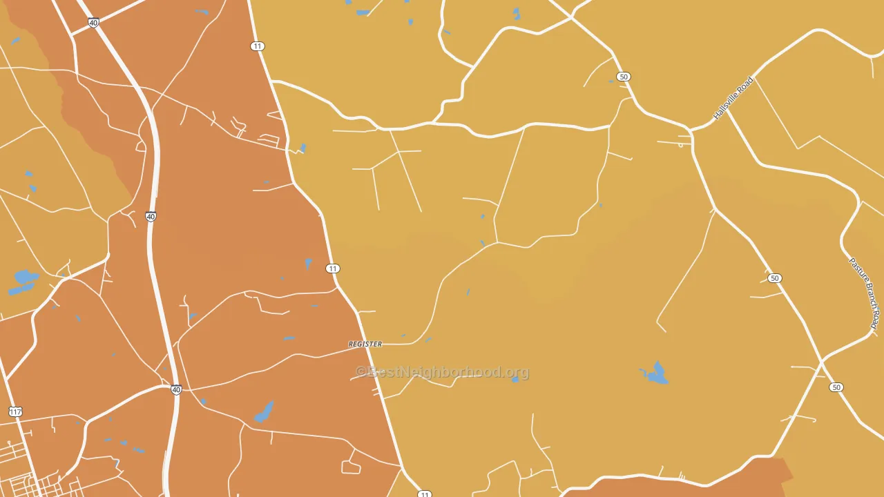 Map of the best neighborhoods in the Register area, with better matches in green and worse matches in red