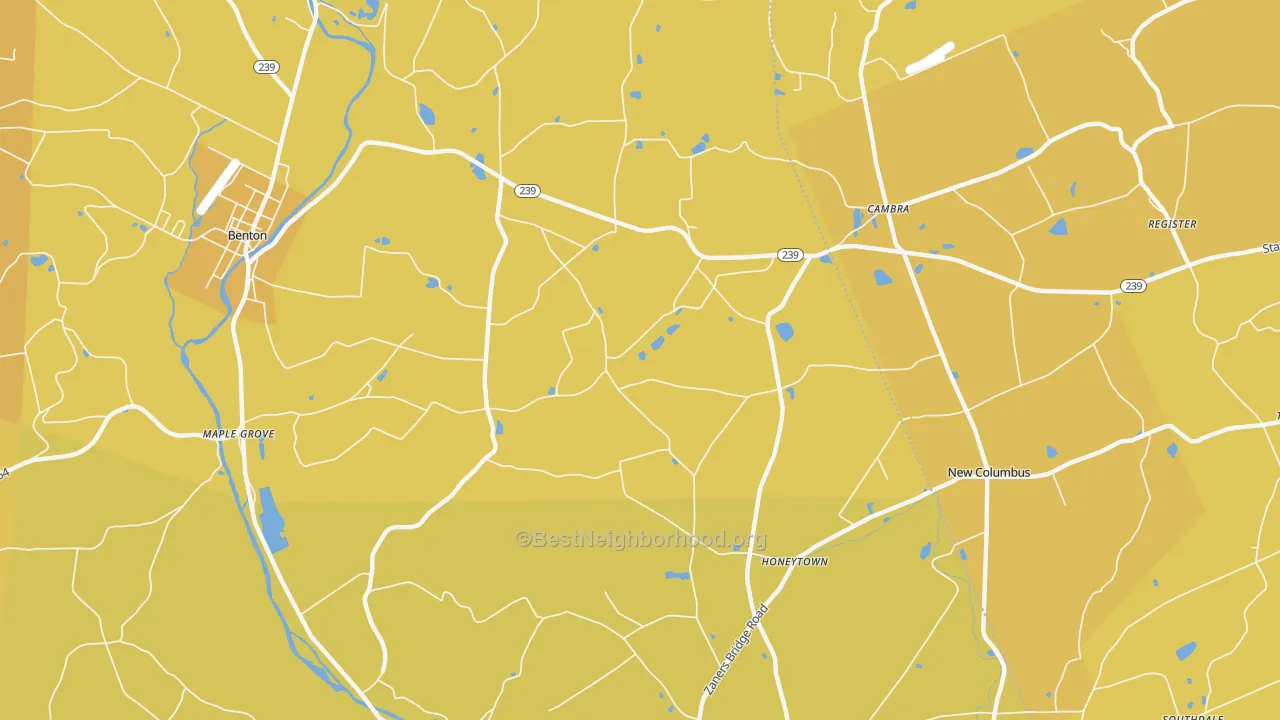 Map of the best neighborhoods in the Register area, with better matches in green and worse matches in red