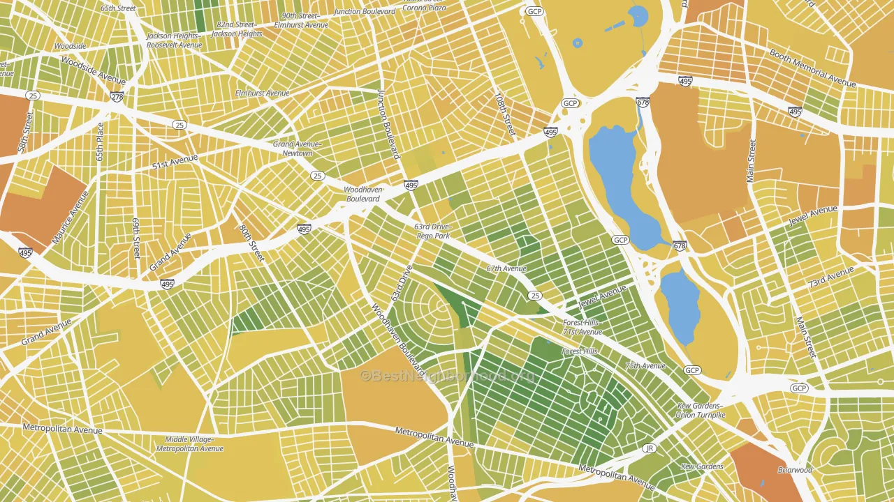 Map of the best neighborhoods in the Rego Park, Queens area, with better matches in green and worse matches in red