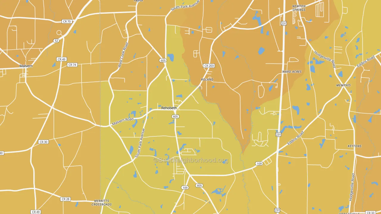 Map of the best neighborhoods in the Rehobeth area, with better matches in green and worse matches in red