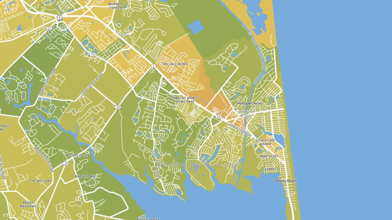 Map of the best neighborhoods in the Rehoboth Beach area, with better matches in green and worse matches in red
