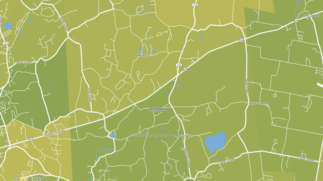 Map of the best neighborhoods in the Rehoboth area, with better matches in green and worse matches in red
