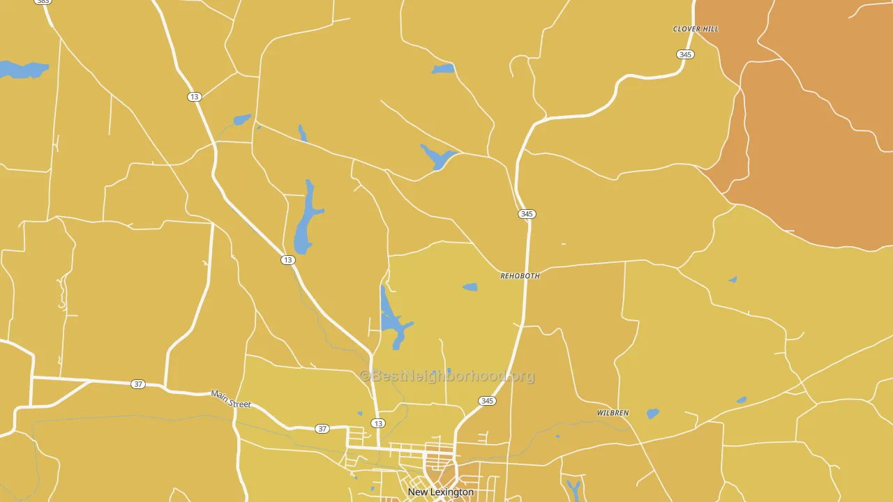 Map of the best neighborhoods in the Rehoboth area, with better matches in green and worse matches in red