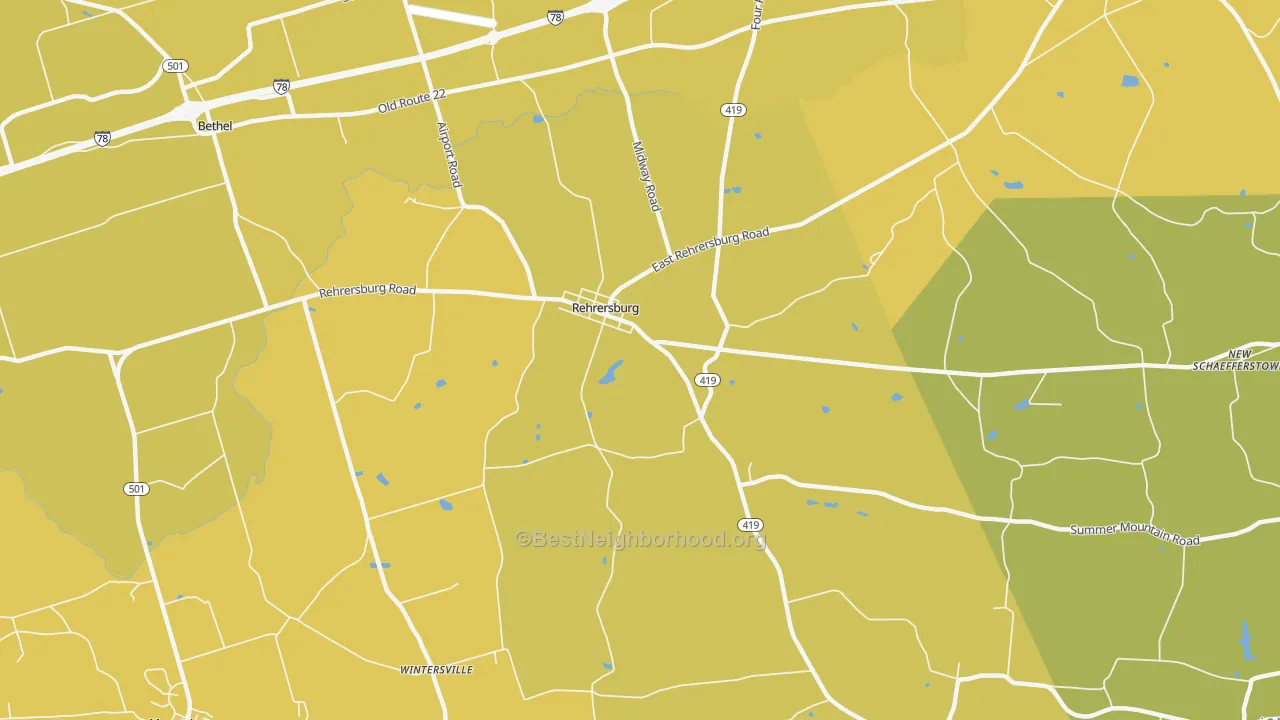 Map of the best neighborhoods in the Rehrersburg area, with better matches in green and worse matches in red