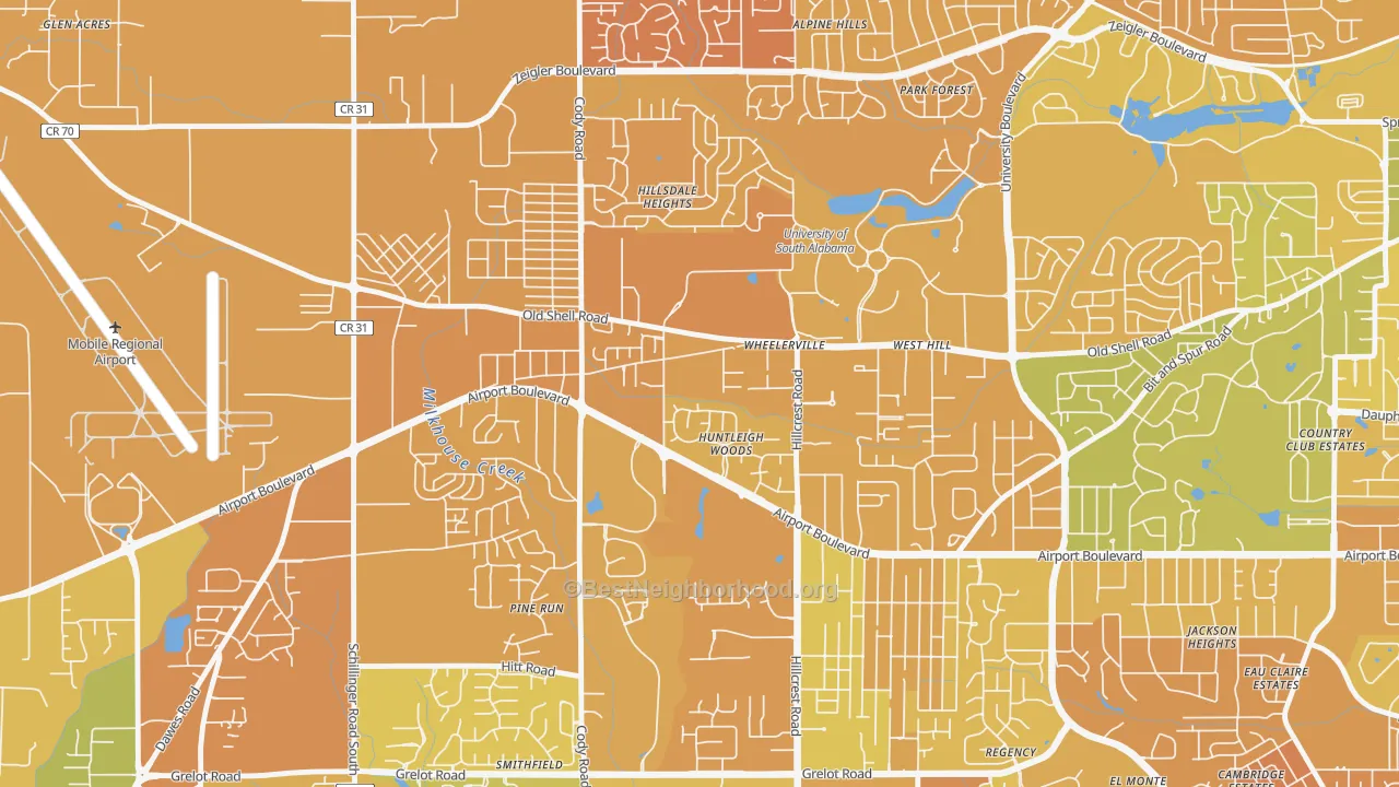 Map of the best neighborhoods in the Reichlieu, Mobile area, with better matches in green and worse matches in red
