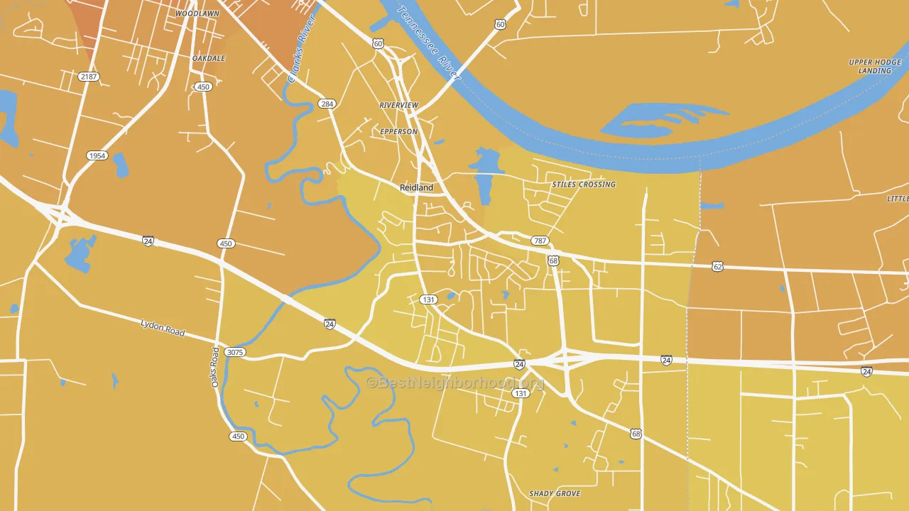 Map of the best neighborhoods in the Reidland area, with better matches in green and worse matches in red